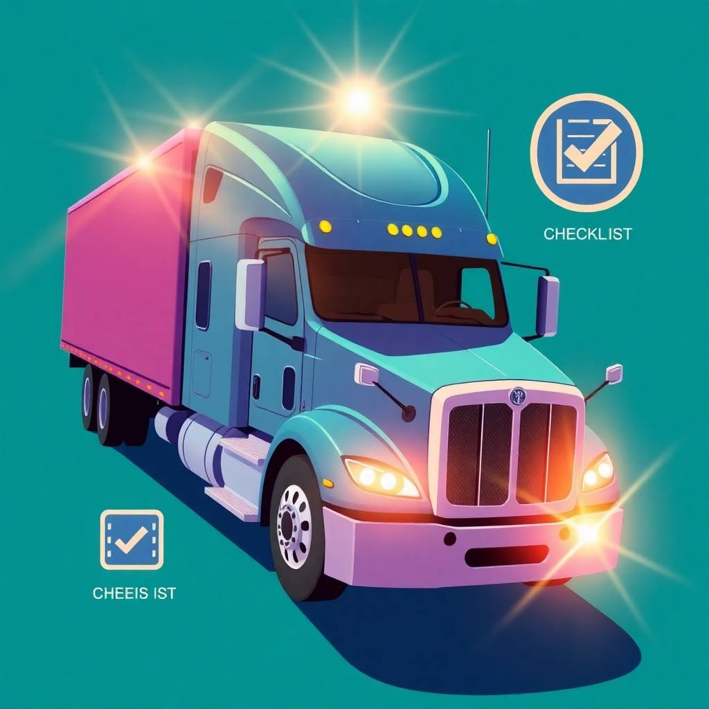 DOT Compliance Checklist for Trucking Companies illustrated with a flat-style semi-truck, compliance icons, and checklist graphics