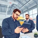 DOT Compliance Checklist for Trucking Companies being reviewed on a tablet by a compliance officer inside a truck maintenance facility