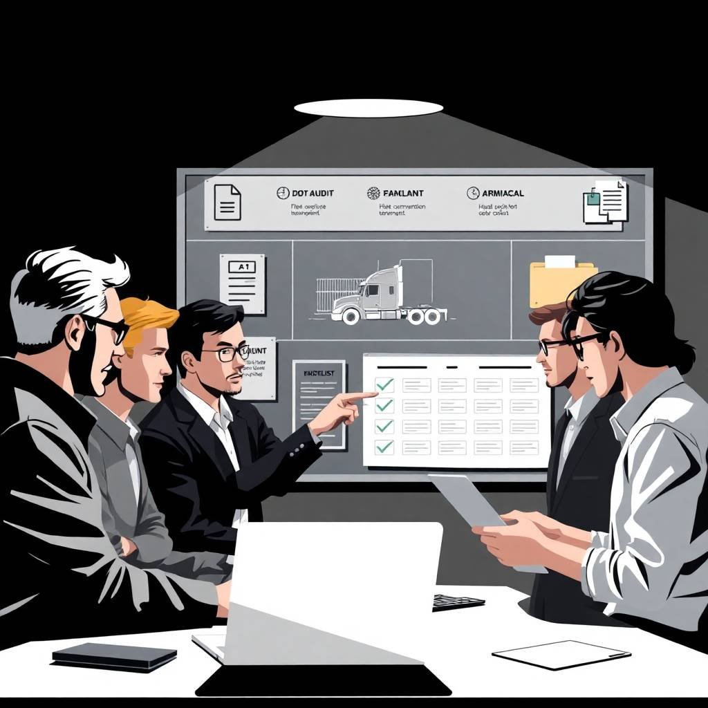 DOT Compliance Checklist for Trucking Companies discussed by a logistics team in a high-contrast office illustration