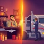 DOT Compliance Checklist for Trucking Companies visualized with a worried office manager and a truck inspector in a split scene illustration