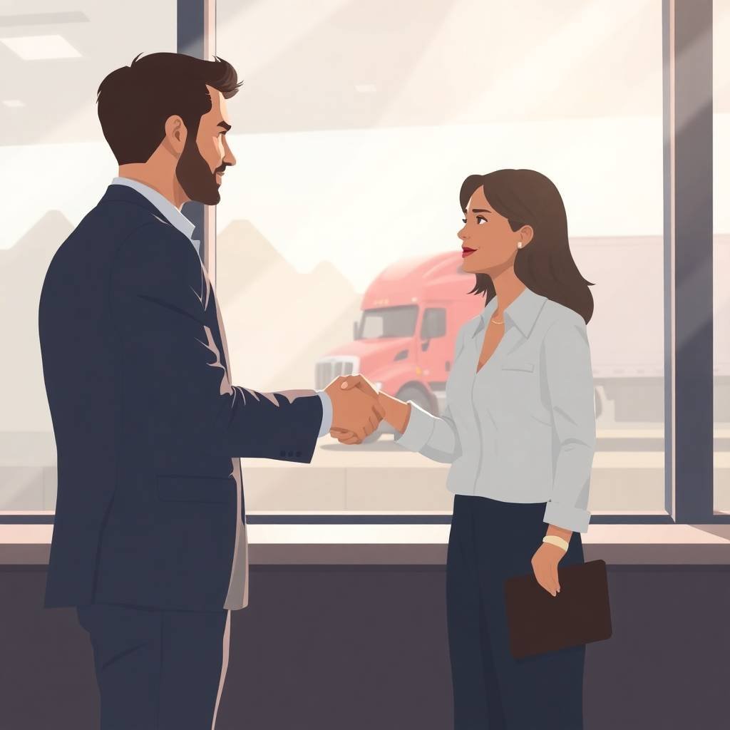 DOT Compliance Checklist for Trucking Companies represented by two professionals shaking hands with a semi-truck in the background