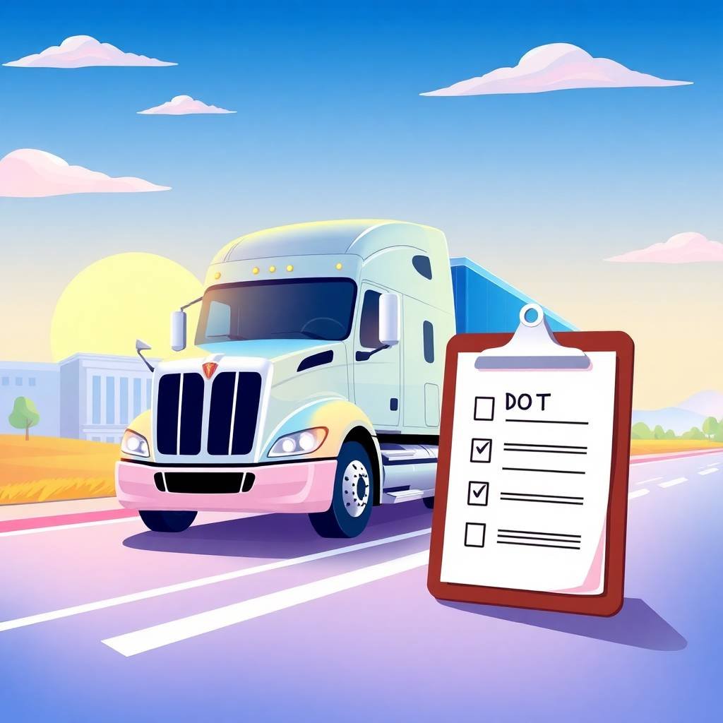 DOT Compliance Checklist for Trucking Companies displayed on a clipboard in front of a modern semi-truck at sunrise