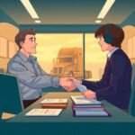 DOT Compliance Checklist for Trucking Companies illustrated by a confident handshake between a trucking professional and a compliance expert in a warm office setting