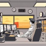 DOT Compliance for Small Fleets visualized with a dispatcher monitoring fleet operations in a stylized black and white anime office setting