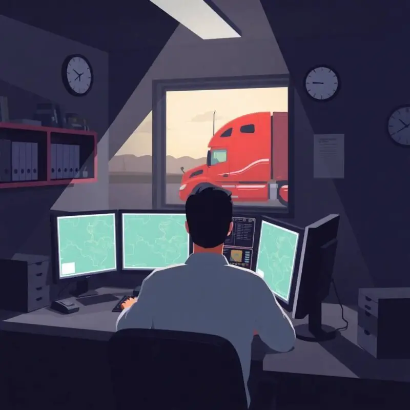 DOT Compliance for Small Fleets illustrated by a dispatcher monitoring truck movements on multiple screens