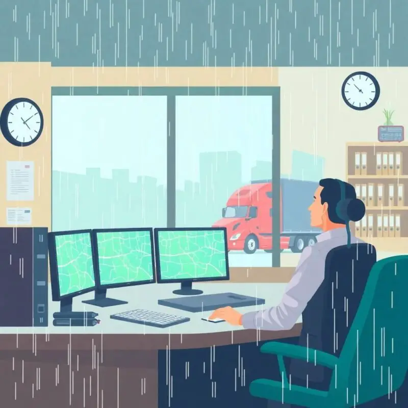 DOT Compliance for Small Fleets shown in a rainy day dispatch office with dispatcher monitoring truck routes