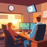 DOT Compliance for Small Fleets shown with dispatchers monitoring trucks during early morning operations