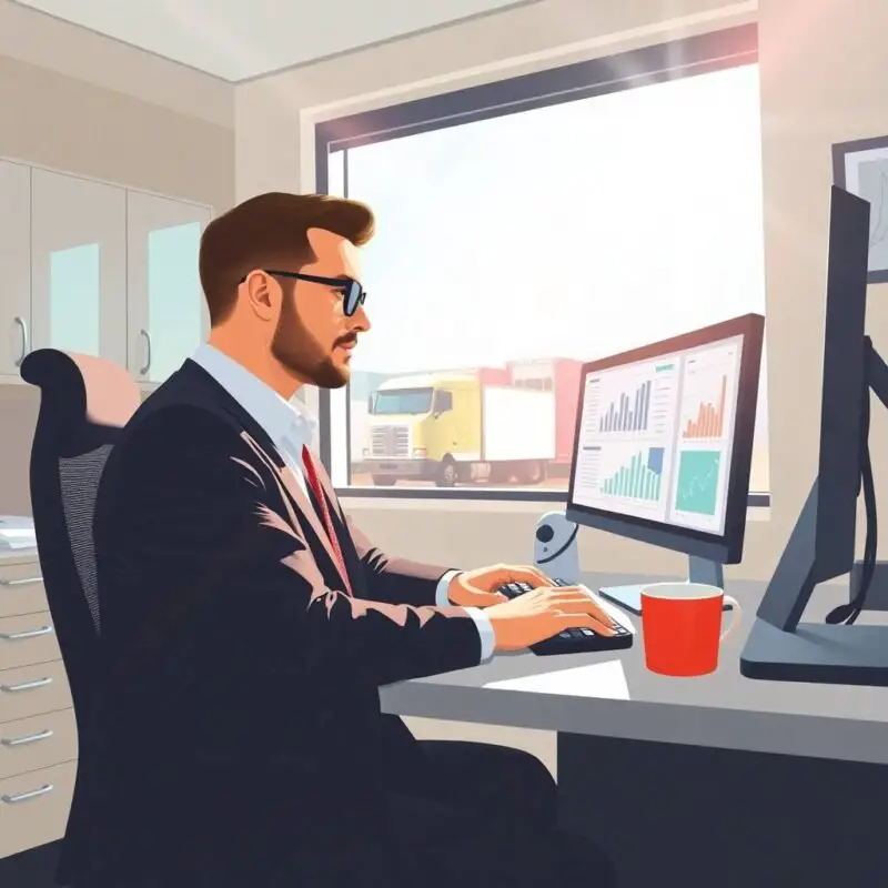 DOT Compliance for Small Fleets shown through a fleet manager analyzing charts in an office setting