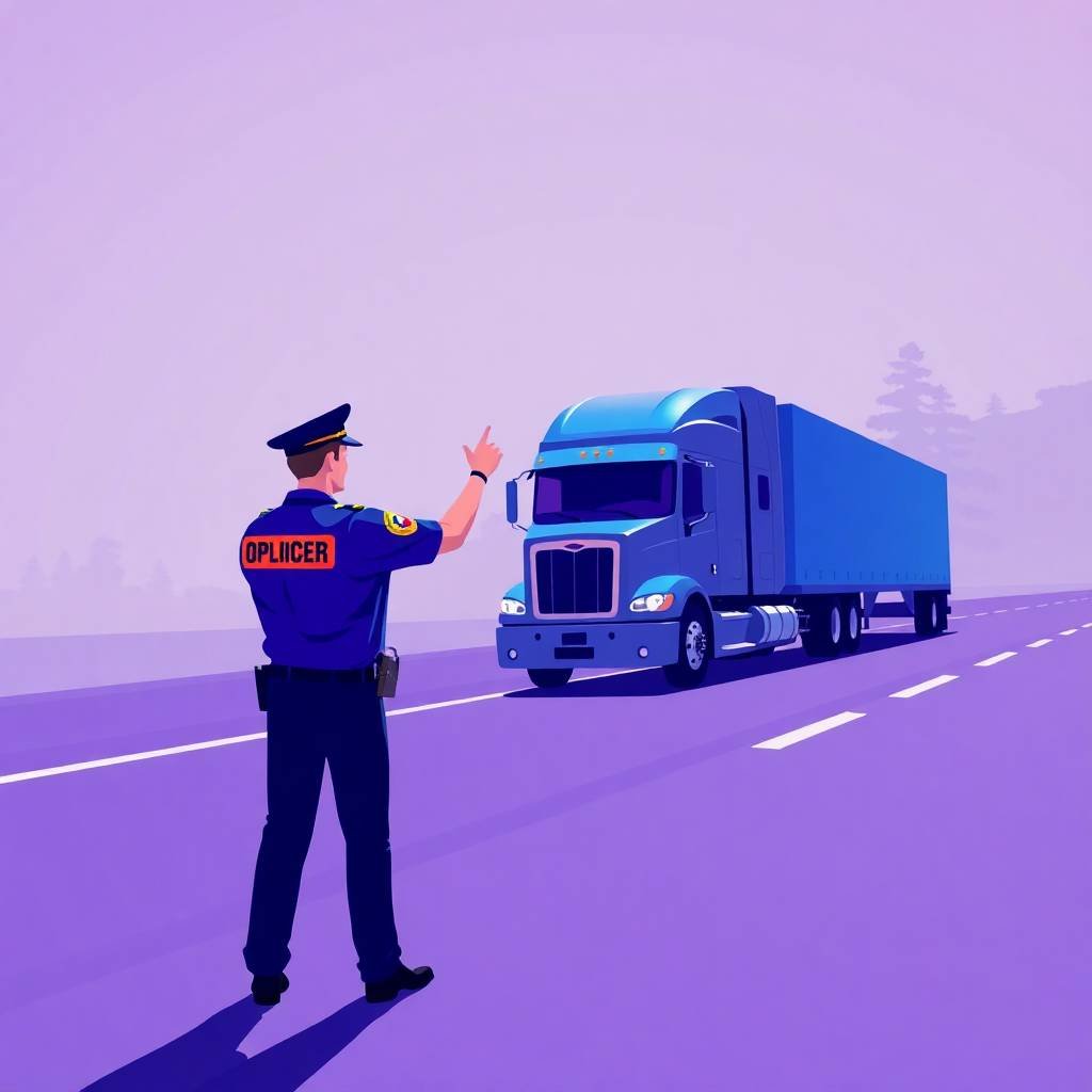 DOT Compliance for Small Fleets represented by a roadside inspection scene with an officer signaling a blue semi-truck