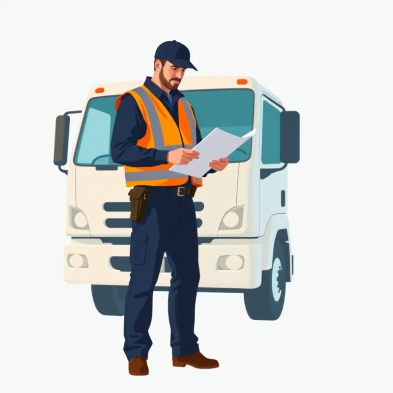 DOT Compliance for Small Fleets illustrated with officer inspecting documents in front of a white truck