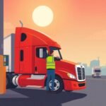 DOT Compliance for Small Fleets illustrated by a truck driver in a safety vest refueling a red semi-truck at a truck stop