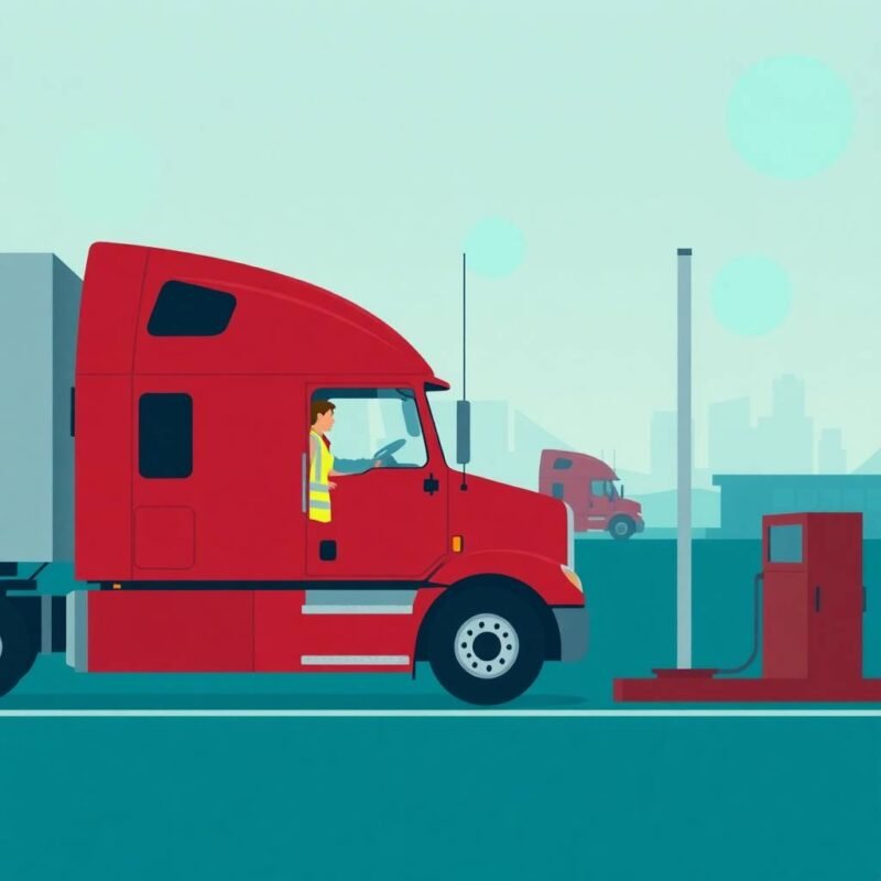 DOT Compliance for Small Fleets illustrated by a red semi-truck refueling at a truck stop
