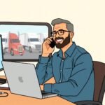 DOT Compliance for Small Fleets shown with a trucking company owner on a phone call at a desk with trucks visible outside