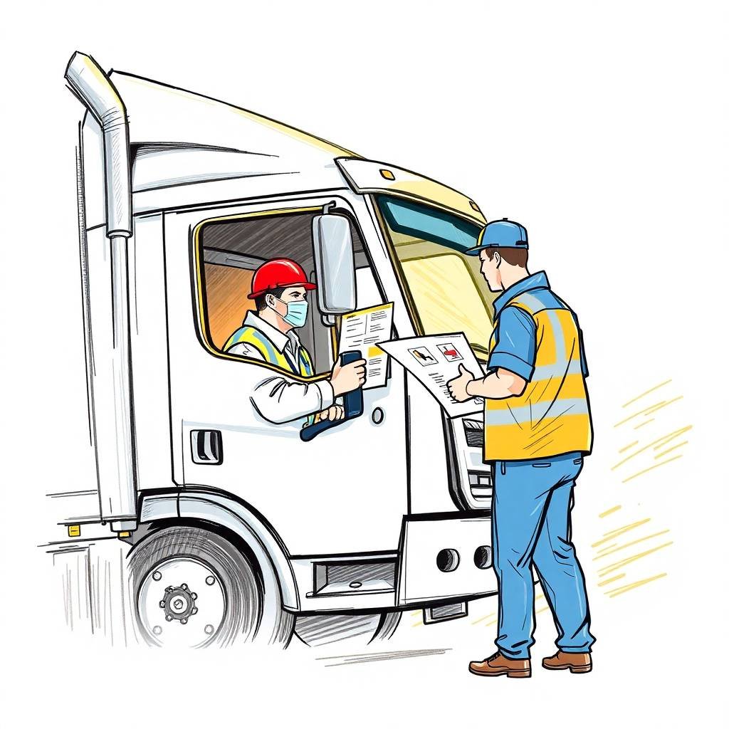 Illustration of a driver and safety officer reviewing documents beside a white semi-truck, representing DOT Driver Hiring Checklist for Small Fleets