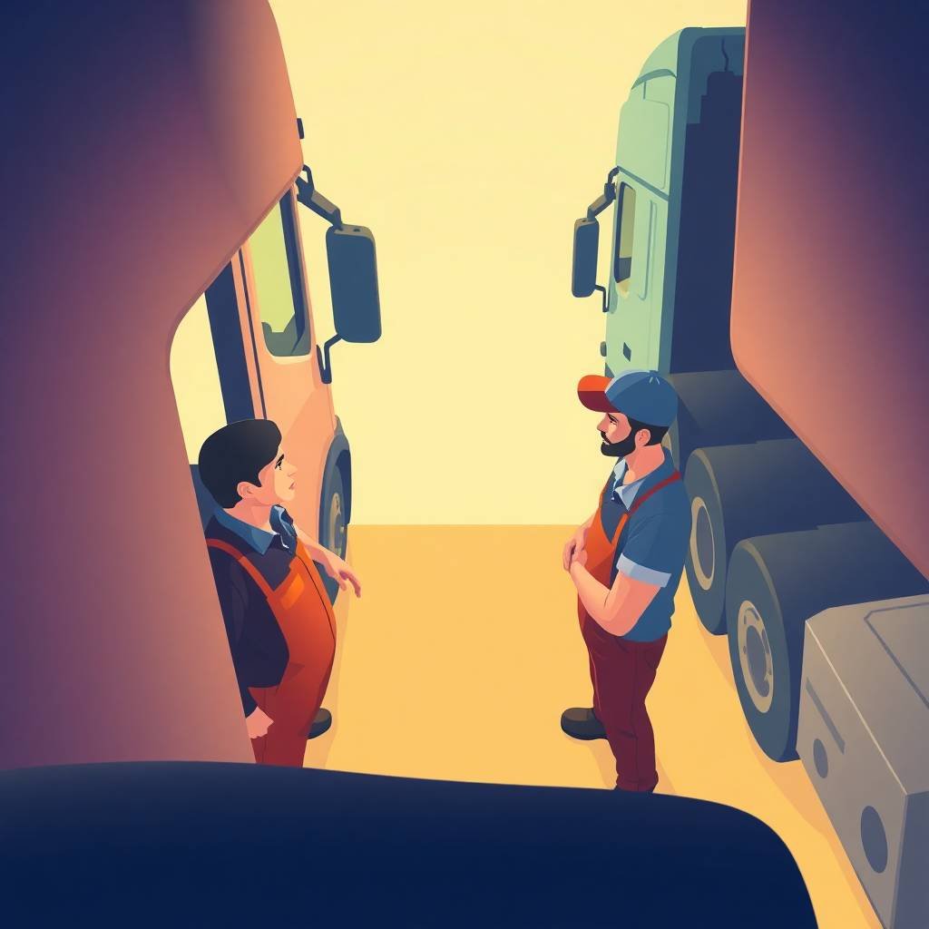 DOT Driver Hiring Checklist for Small Fleets illustrated with a truck driver and mechanic talking between semi-trucks in a yard