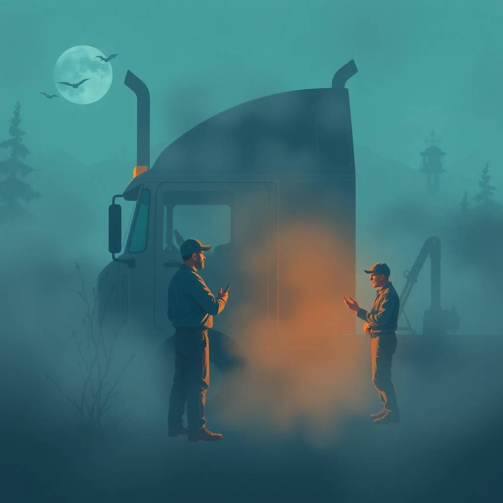 Surreal foggy scene of a truck driver and mechanic in discussion, symbolizing steps in the DOT Driver Hiring Checklist for Small Fleets.