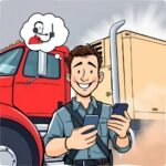 DOT Driver Hiring Checklist for Small Fleets illustration showing a smiling truck driver holding a smartphone with a red semi-truck and a dispatcher in a thought bubble