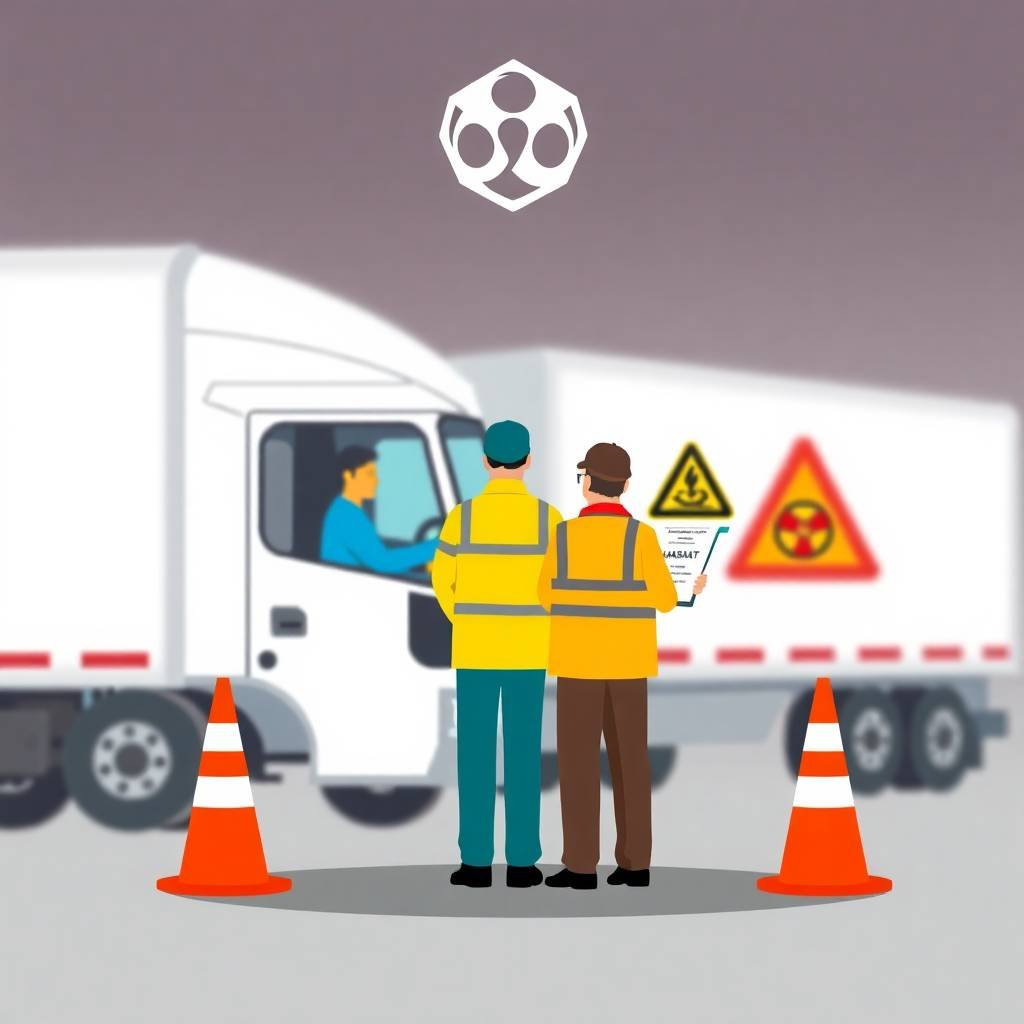 Flat-style illustration of hazmat truck inspection with two safety officers and driver, depicting DOT Driver Hiring Checklist for Small Fleets.