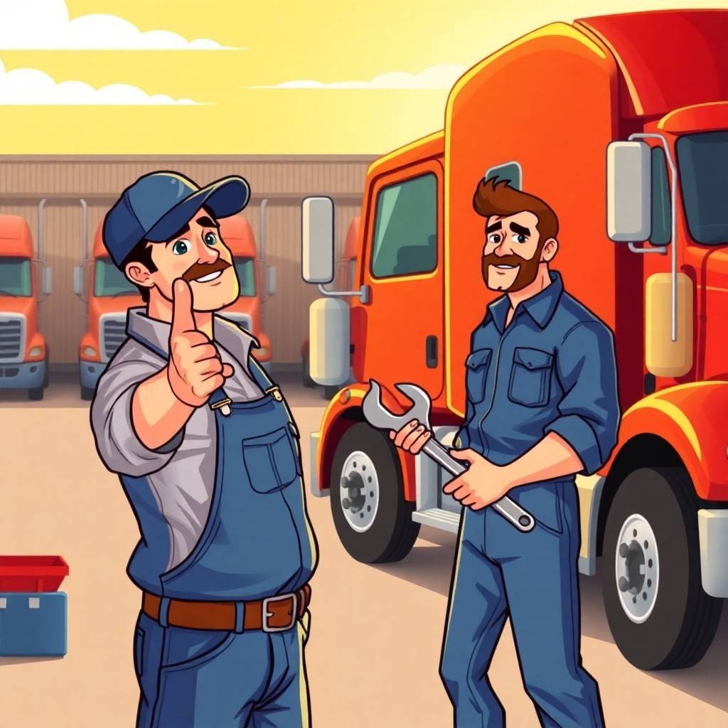 DOT Driver Hiring Checklist for Small Fleets illustrated by a truck driver and mechanic near red semi-trucks in a fleet yard