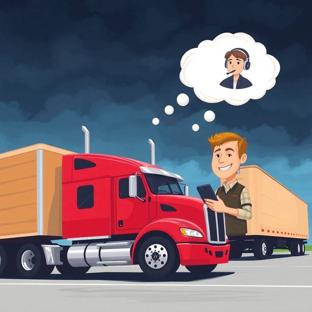 DOT Driver Hiring Checklist for Small Fleets illustrated with a smiling truck driver beside a red semi-truck thinking of a dispatcher