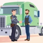 DOT Driver Hiring Checklist for Small Fleets showing a DOT officer shaking hands with a smiling truck driver beside a green semi-truck