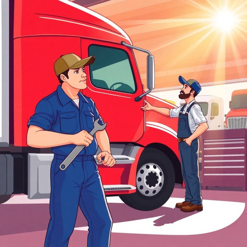 DOT Driver Hiring Checklist for Small Fleets illustrated with a truck driver pointing at a red semi-truck while a mechanic holds a wrench