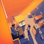 DOT Driver Hiring Checklist for Small Fleets illustrated by a high-angle view of a truck driver and mechanic talking in a truck yard with golden lighting