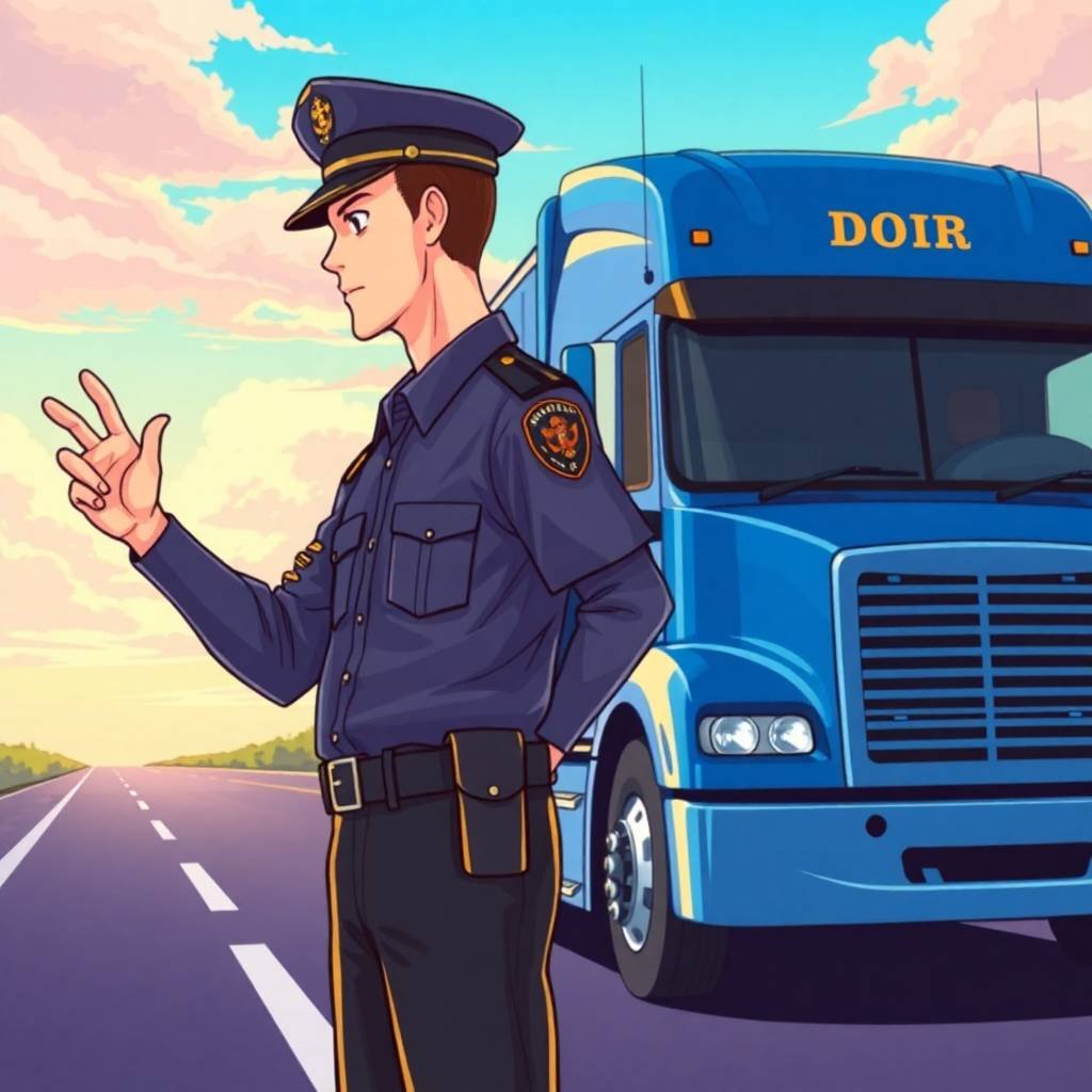 DOT Hazmat Compliance Overview with officer signaling a semi-truck on highway