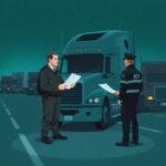DOT Hazmat Compliance Overview with a truck driver and DOT officer exchanging documents during a roadside inspection.