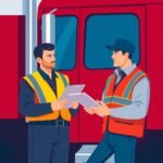 DOT Hazmat Compliance Overview with two workers in reflective vests discussing a checklist beside a semi-truck at an inspection station.