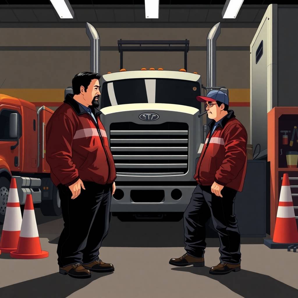 DOT Hazmat Compliance Overview - A trucking company owner and mechanic discuss truck maintenance in a garage setting