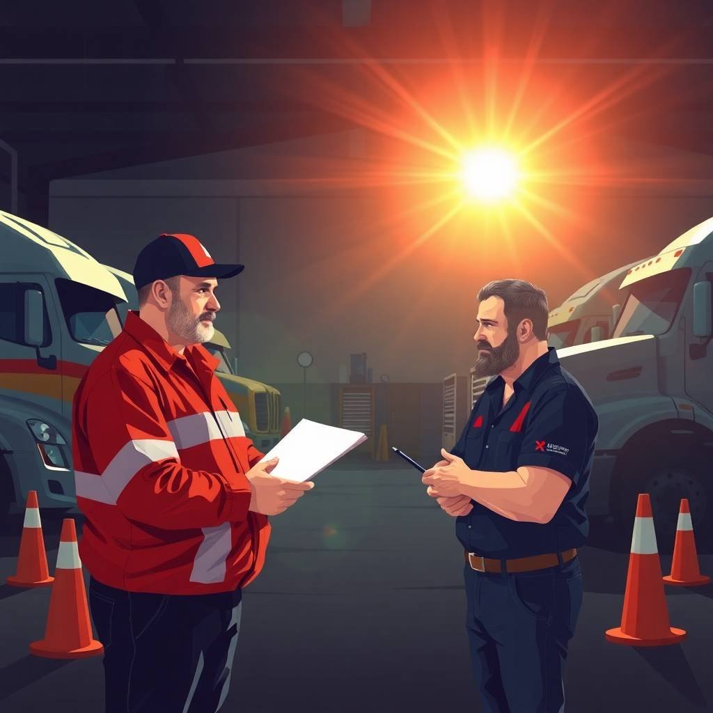 DOT Hazmat Compliance Overview - A trucking company owner and mechanic review documents in a truck yard during sunset
