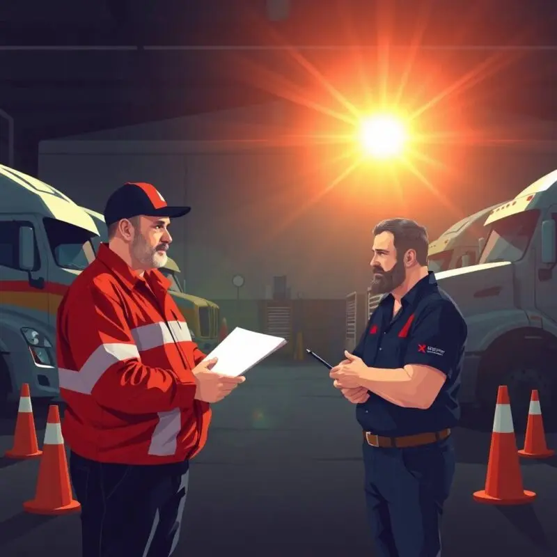 DOT Hazmat Compliance Overview - A trucking company owner and mechanic review documents in a truck yard during sunset