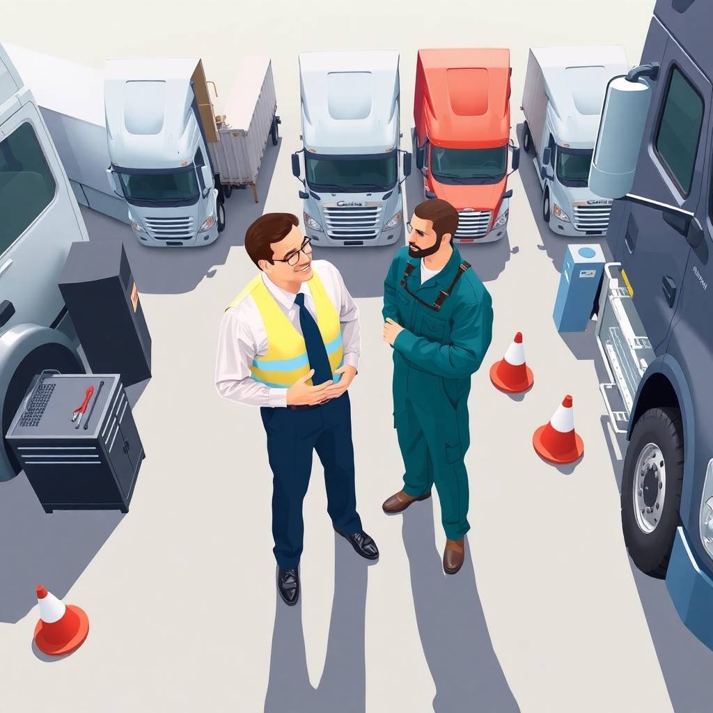 DOT Hazmat Compliance Overview - A trucking company owner and a mechanic discuss maintenance procedures in a truck yard