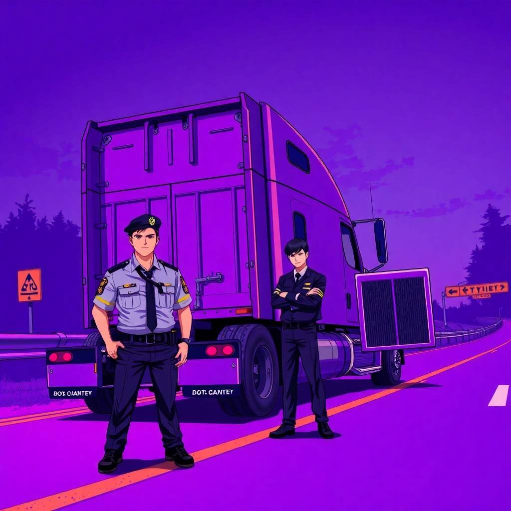 DOT officer and truck driver in anime style, emphasizing DOT Physical Exam Requirements.
