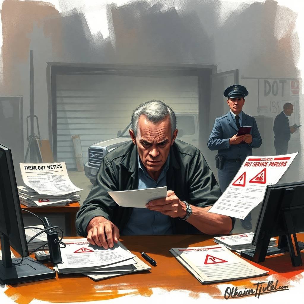 Trucking business owner stressed by audit paperwork and DOT Physical Exam Requirements.