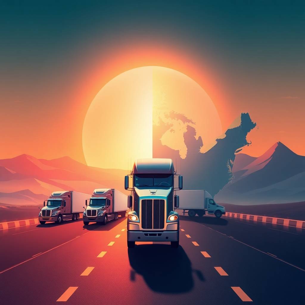 Stylized epic illustration of trucks crossing the U.S. under a radiant sunburst, symbolizing compliance with DOT Physical Exam Requirements.