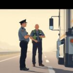 Flat-style digital illustration showing officers inspecting a semi-truck during a roadside stop, highlighting DOT Physical Exam Requirements.