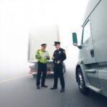 Two uniformed officers conduct a roadside inspection of a semi-truck, highlighting DOT Physical Exam Requirements in foggy conditions.