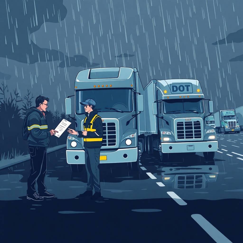 Roadside inspection of a semi-truck during rain, related to DOT Physical Exam Requirements.