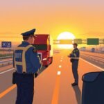 DOT officers conduct a roadside inspection of a semi-truck at sunset, highlighting DOT Physical Exam Requirements.