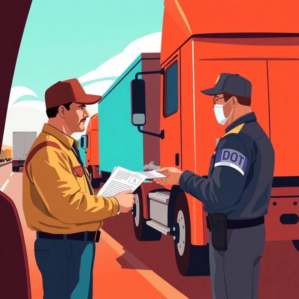 Truck driver hands documents to DOT officer during a roadside check verifying DOT Physical Exam Requirements.