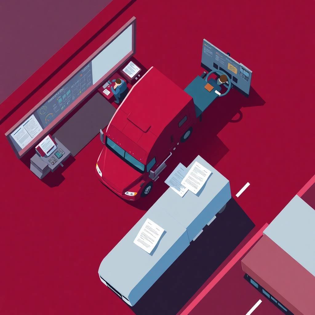 Overhead view of truck inspection station focused on DOT Physical Exam Requirements.