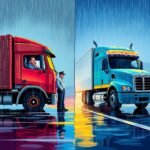 Split-scene illustration of two semi-trucks in the rain, one under inspection and one cleared, symbolizing DOT Physical Exam Requirements.