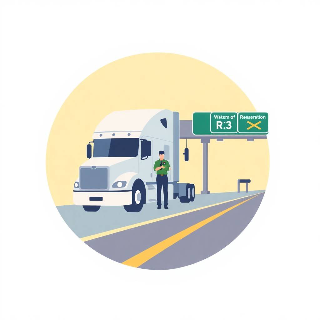 Semi-truck inspection scene illustrating DOT Physical Exam Requirements at a weigh station with an officer.