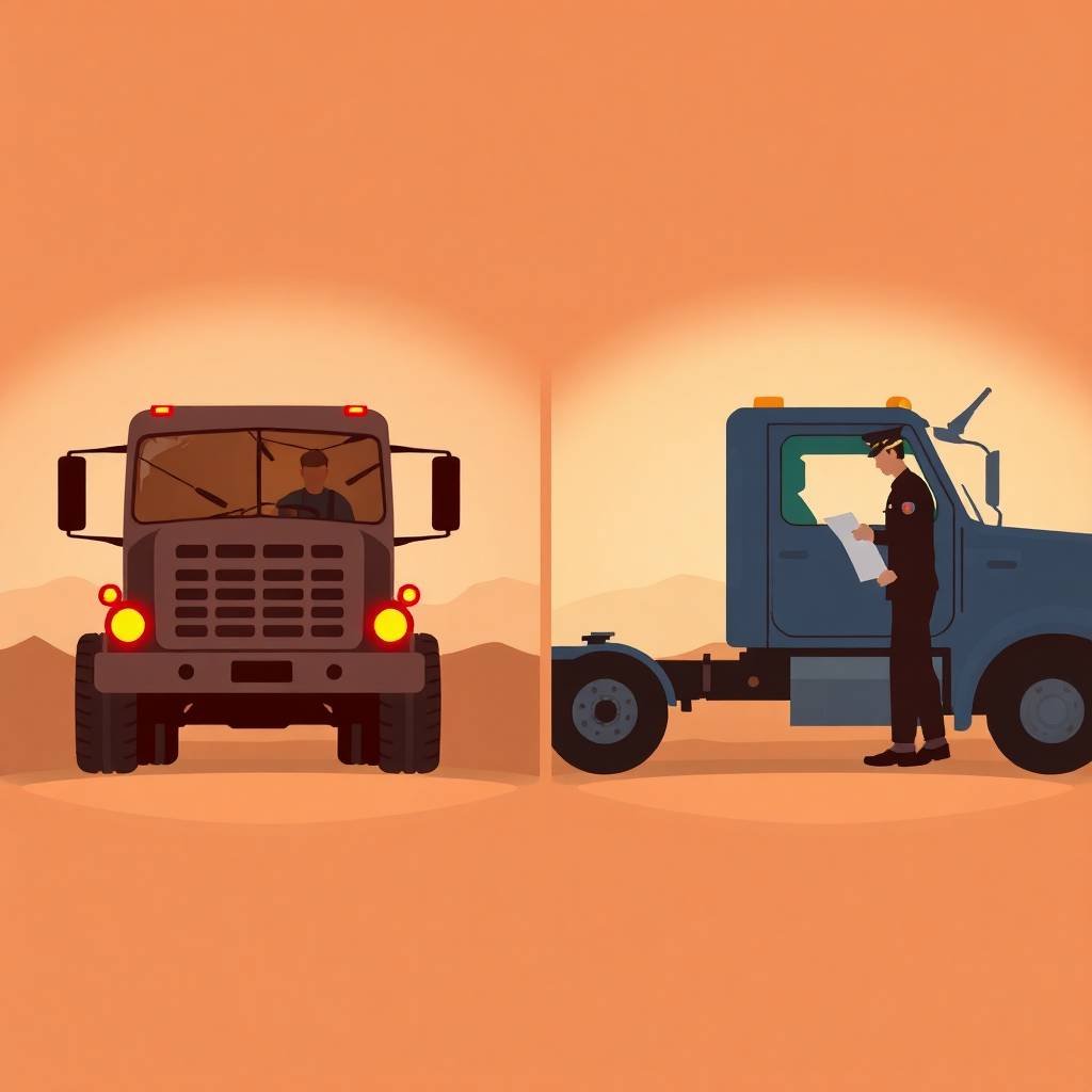 Truck stopped in desert with DOT officer checking documents, illustrating DOT Physical Exam Requirements.