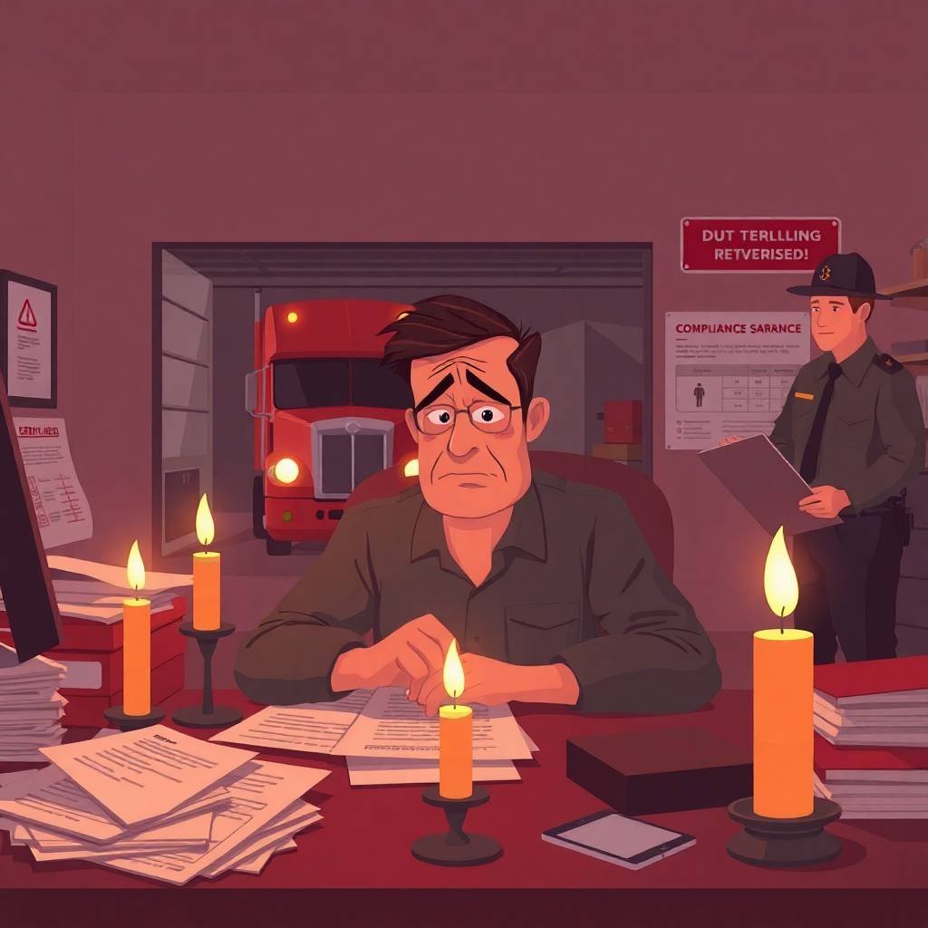 Stressed trucking owner by candlelight reviewing DOT Physical Exam Requirements at a cluttered desk.