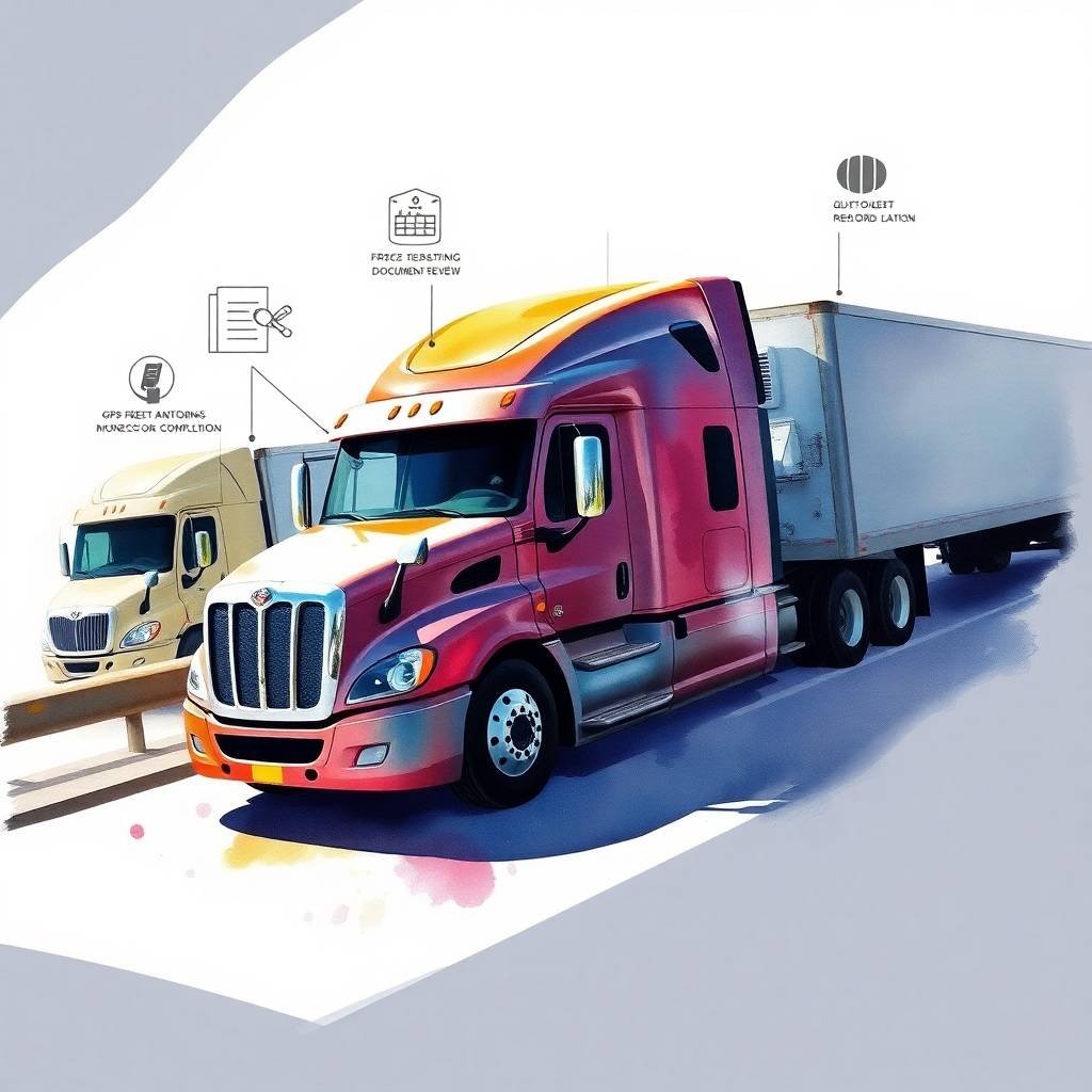 Watercolor illustration of semi-trucks undergoing compliance inspection, referencing DOT Physical Exam Requirements.