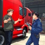 Anime-style truck driver and mechanic discussing compliance in front of a red semi-truck, focused on DOT Record Retention Requirements.