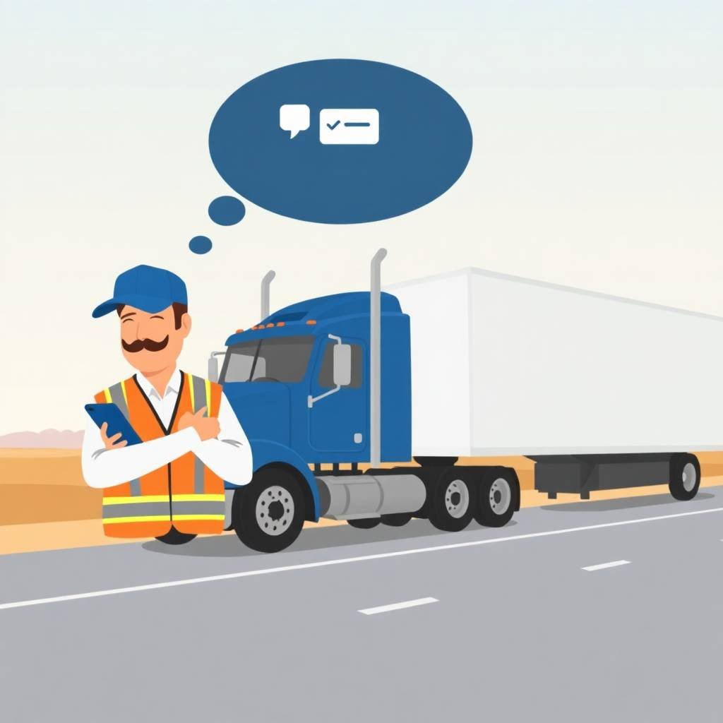Truck driver checks smartphone with a thought bubble, reflecting on DOT Record Retention Requirements.